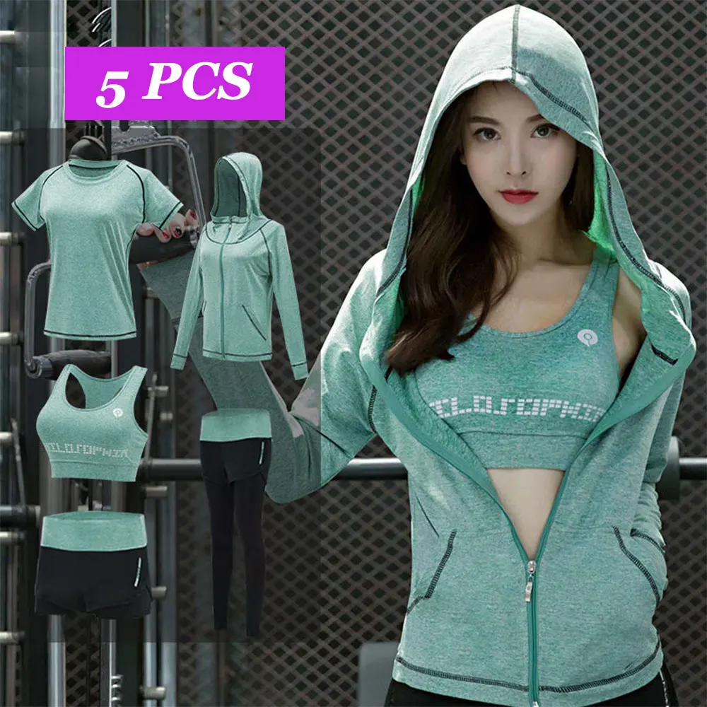 

2/3/4/5PCS Sports Suit Yoga Running Fitness Women Coat T-shirt bra Suit Fashionable Slim Yoga Set Gym Clothing