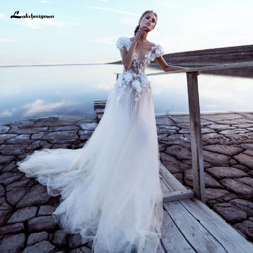 Lakshmigown 3D цветы в стиле бохо свадебное платье 2020 Прозрачный Кружевной Лиф