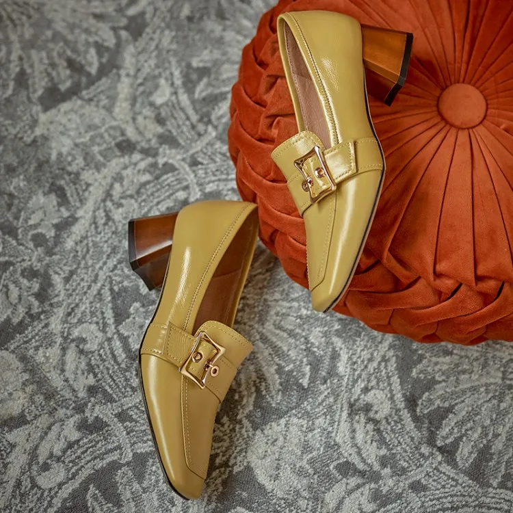 

MLJUESE 2021 Women Pumps Soft Cow leather Autumn Spring Yellow Color Square toe Slip On Buckle Strap high heels pumps Size 42