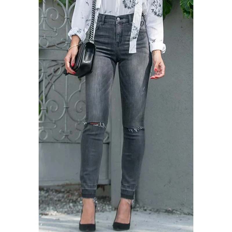 

Brand New Womens Juniors Ripped High Waist Long Pants Jeans Butt Lift Button Slim Fit Skinny Denim Pants with Ripped Holes