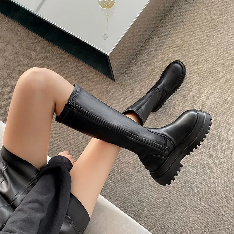 

2022 Autumn and Winter Fashion Ladies High Boots Round Toe Zipper Knee-length Knight Boots Thick-soled Comfortable Casual Boots