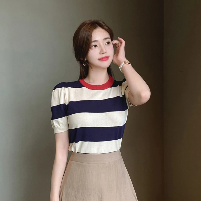 

Knitting T Shirts Women Summer New Casual O Neck Slim Thin Short Sleeve Tops Female Patchwork Striped Simple Basic Tee T-Shirt