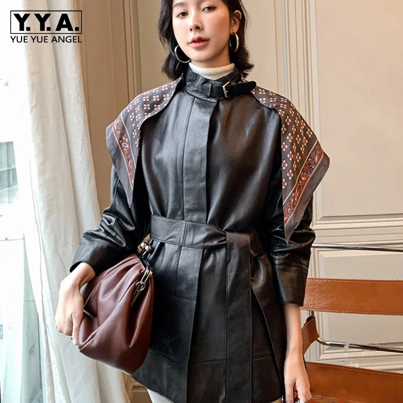 

Женская длинная куртка из натуральной кожи, с круглым вырезом и регулируемой талией