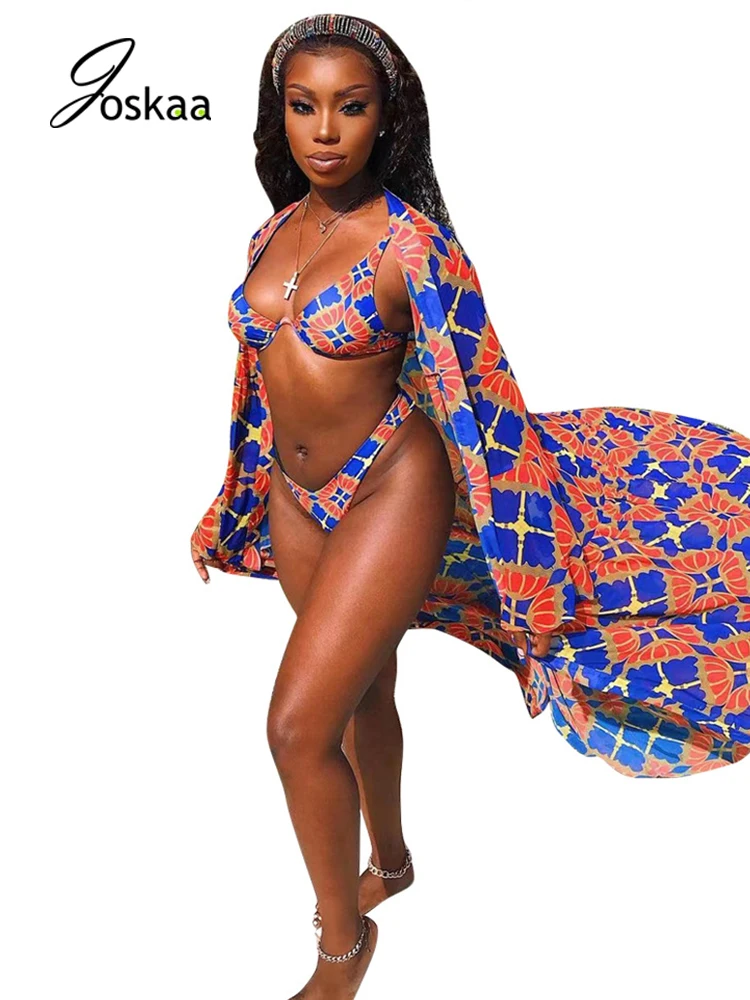 

Joskaa Vacation Beachwear Women Summer Printed Bikini Cover Up 3 Pieces Swimming Bathing Female Sexy Club Birthday Fitness