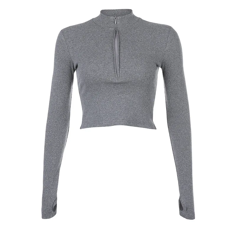 

2021 New Women's Short Cropped Ribbed Stand-up Collar Zipper Top Women's Long-sleeved Slim Bottoming T-shirt