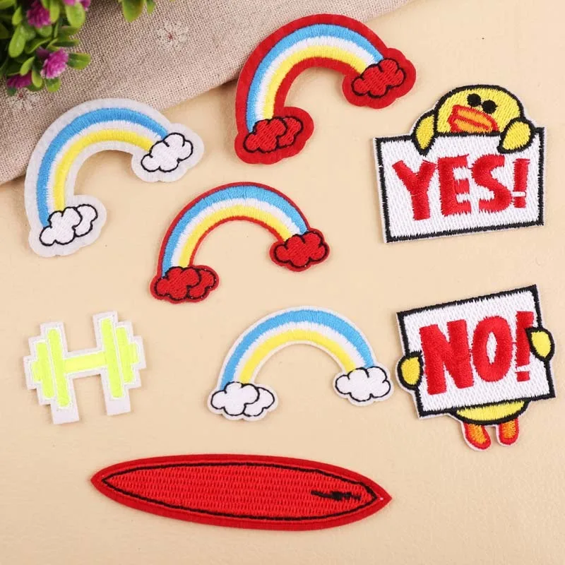 

Cartoon Letter YES NO Embroidery Cute Rainbow Surf board Patches wholesale Iron On Appliques for Clothes Diy T-shirt Stickers