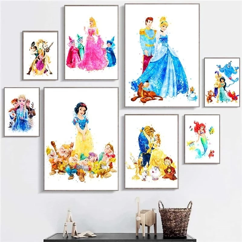 

Disney Canvas Painting Water Color Princess and Their Husband Wall Art Poster and Print Decoration Picture Kids Girl Room Decor