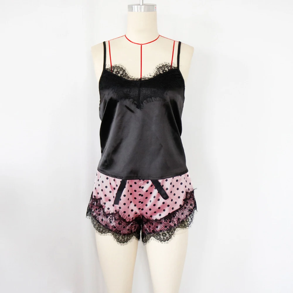 

Hot Women Pajamas Lace Satin Wireless Bra Camisole Pajamas Sleepwear Bowknot Shorts Set Sexy Ladies Sleeveless Sleepwear