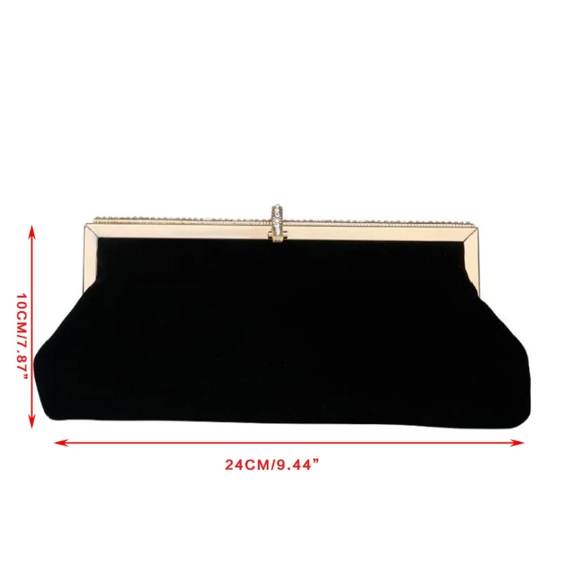 

H8WD Retro Black Velvet Evening Clutch Bag Rhinestone Party Handbag Purse with Chain
