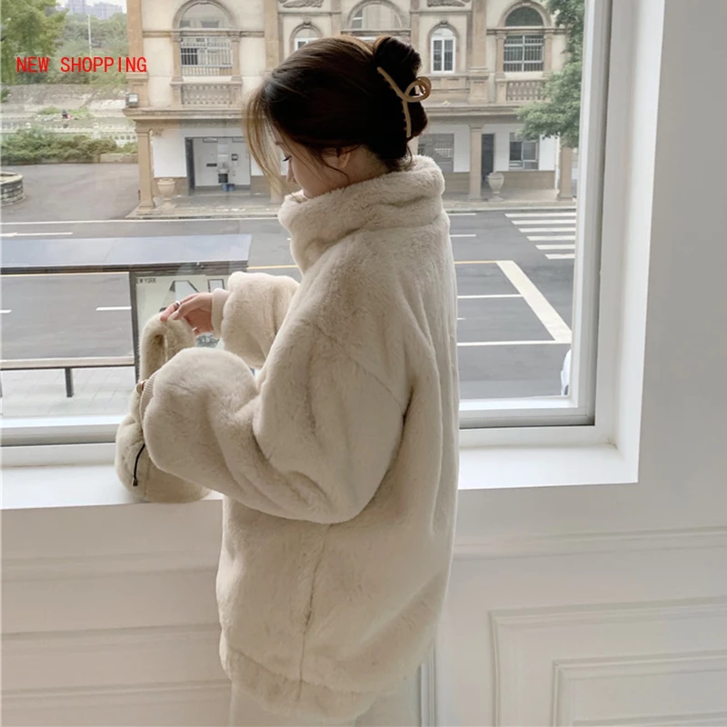 Beige Stand Collar Short Faux Fur Coat Thick 2022 New Winter Warm Plush Women's Jacket Korean Elegant Zipper Furry Outwear Pink