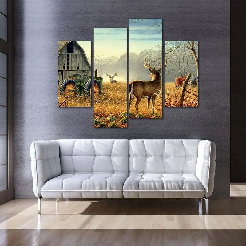4 панели бескаркасные замечательные природные деревья заборы птицы туман олень