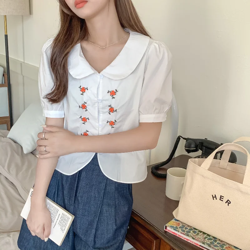 

Sweet Peter Pan Collar Embroidery Floral Women Shirts Single-breasted Loose Short Puff Sleeve Tops Korean Japan Chic Blusa Mujer