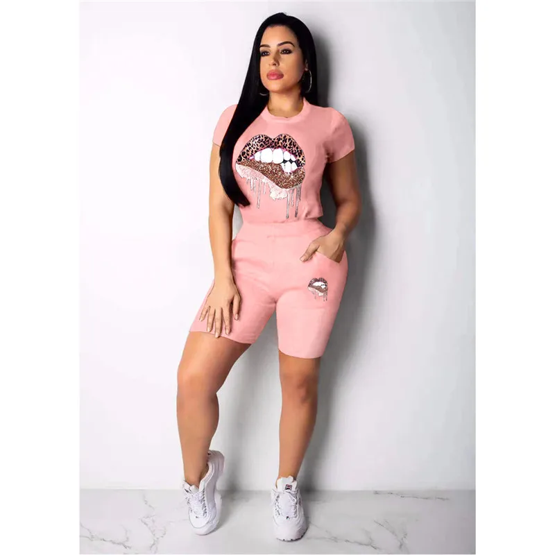2 Pieces Women Casual Outfit Crew Neck Short Sleeve Exaggerated Lips Print Pullover T-shirt Top+ Elastic Waist Shorts Streetwear | Женская