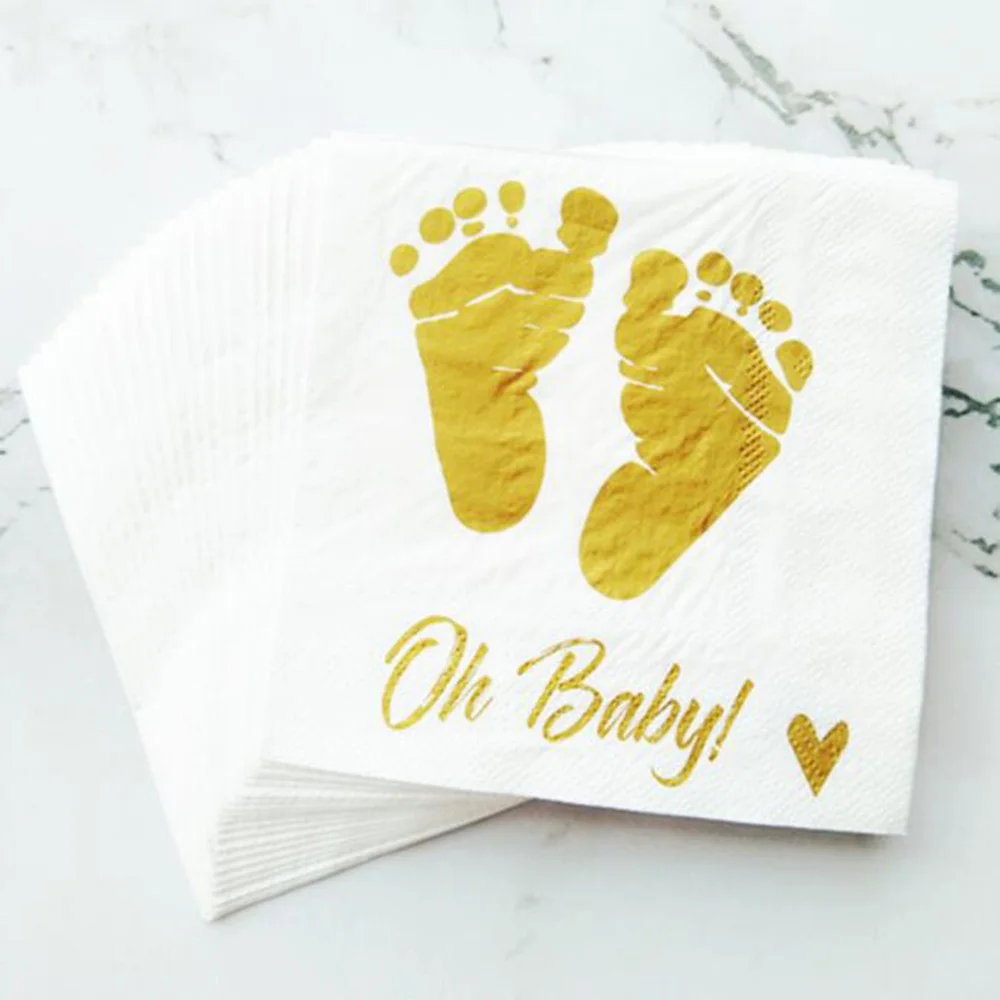20Pcs Oh Baby Gold Feet Napkins Gold Printing Party Paper Napkins Decorations Kids Baby Shower Napkins Gift Party Decoration