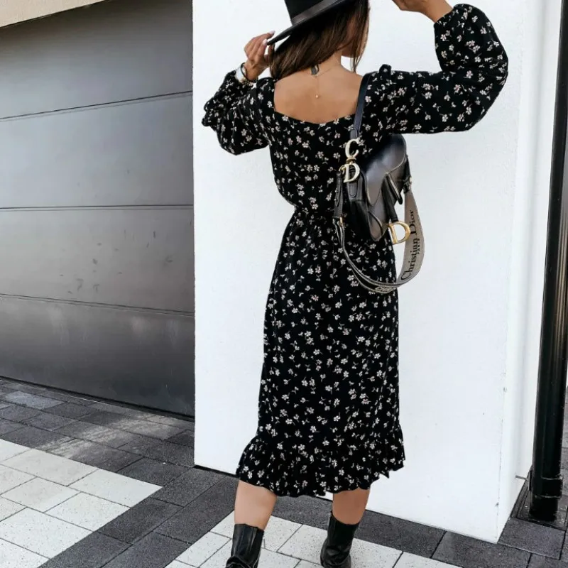 

Long Summer Beach Holiday Dress Women Casual Floral Print Elegant Boho Dress Ruffle Logn Sleeve Sexy Party Robe Sundress G2294