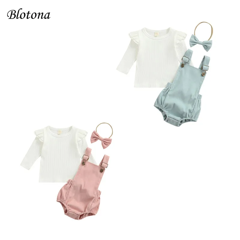 

Blotona Hot Sale 3Pcs Baby Girl Corduroy Set, Ribbed Long Sleeve O-Neck Pullover Tops Suspender Solid Color Pants Bodysuit 0-18M