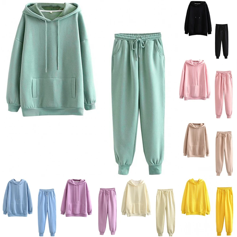 

2021 Autumn Winter Women Thick Fleece Solid Suit 2 Pieces Sets Hoodies Sweatshirt And Pants Suits