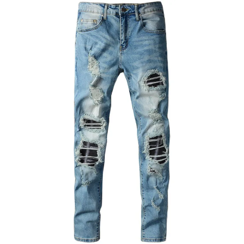 

New men's male trousers High street fashion brand new patch ripped jeans blue mens trend stretch slim fit denim pants 663