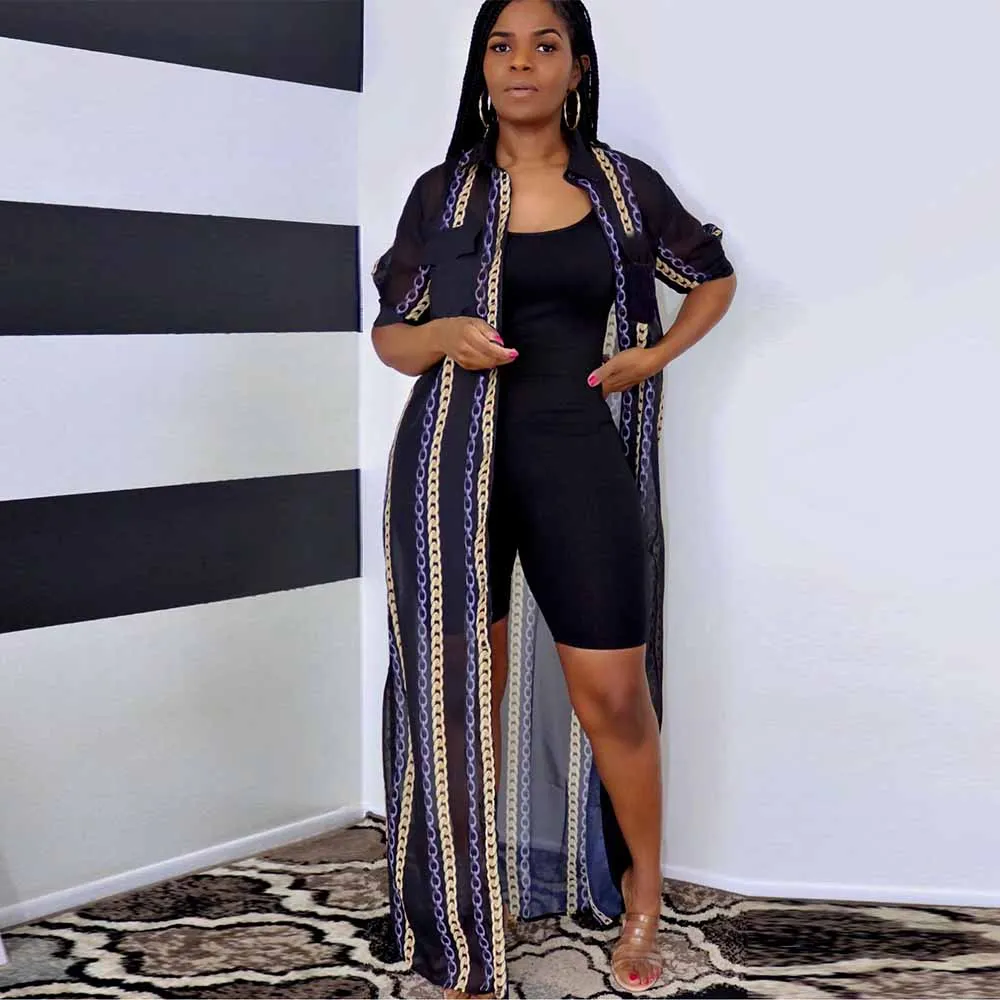 

Black White Chain Printed Extra-long Cardigan Women Summer Turn Down Collar Short Sleeve Coat Sexy Mesh See Through Open Stitch