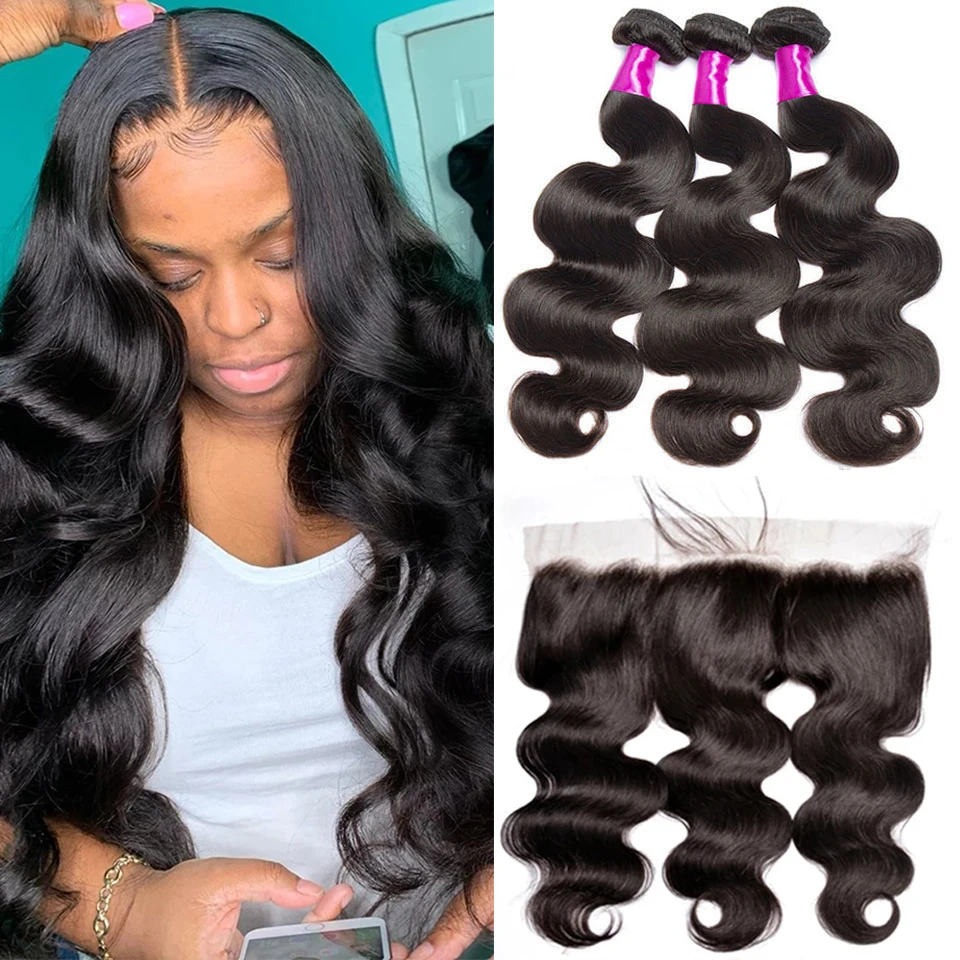 30 инч объёмная волна пряди с фронтальной бразильские пучки плетение 4x4 кружева