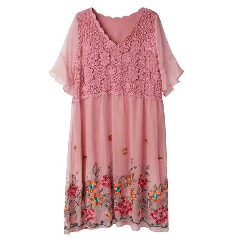 

4XL Plus Size Women's Dress 2021 Floral Embroidery A-line Vintage Dress Women Summer Elegant Sundress Female Party Dresses Pink