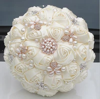 wifelai a ivory color bride bouquet soft ribbon silk wedding flowers de noiva pearl diamond beaded accept custom size w252 17