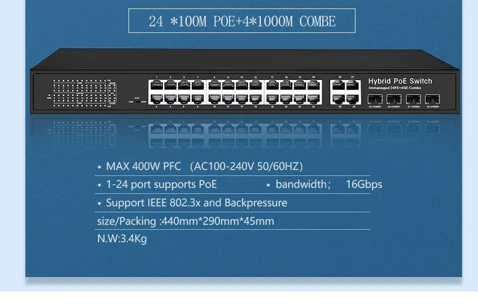 24 Порты и разъёмы 10/100 Мбит/с PoE Коммутатор Ethernet sup Порты и разъёмы IEEE802.3af/at с 2 Порты и разъёмы 1000 м для программирования в производственных условиях комбинированный коммутатор питания через Ethernet poe 48V RJ45