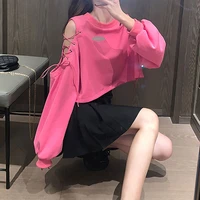 harajuku ladies solid loose sexy hollow out t shirts indie 2021 fall women korean long sleeve pink cropped tops y2k hot tshirts