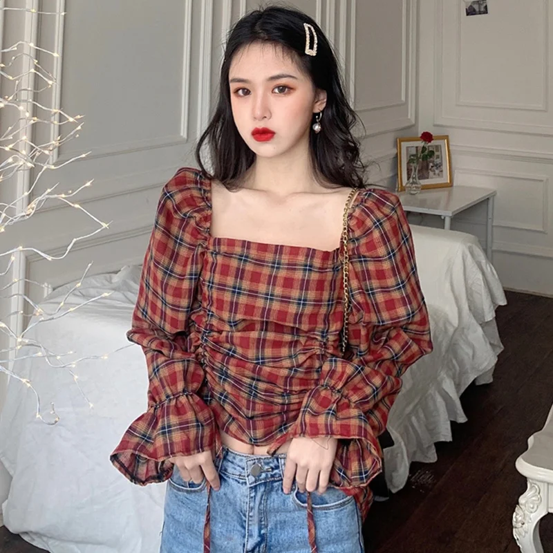 

Spring Clothing Chic Short Design Sense Plaid Shirt Ladies Retro Style Puff Sleeve Shirt