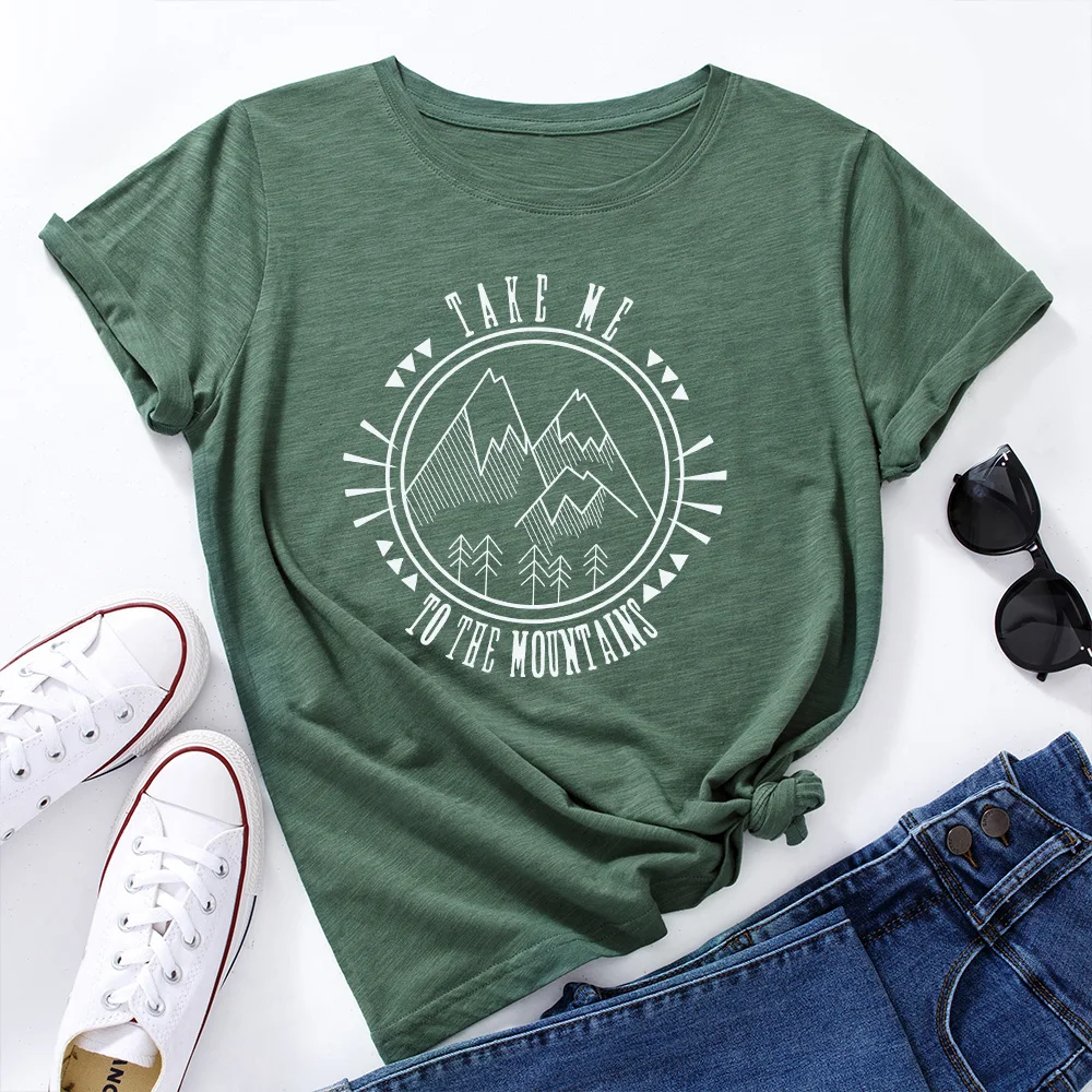 

Women Short Sleeve Cotton T-Shirts Graphic Tees Summer Tee Tops for Female Oversized Tee Clothes Take Me To The Mountain Clothes