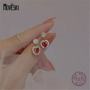 MOVESKI 925 Sterling Silver Shiny Zircon Heart Stud Earrings Women Noble Luxury Banquet Jewelry