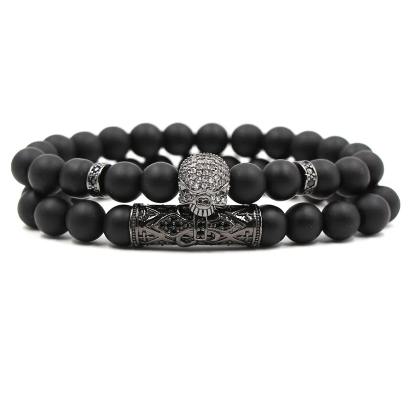 8mm Natural Stone Classic Micro Inset Zircon Curved Tube Skull Charm Elastic Beads Bracelet Women Men Bangle Jewelry 2/Set | Украшения и