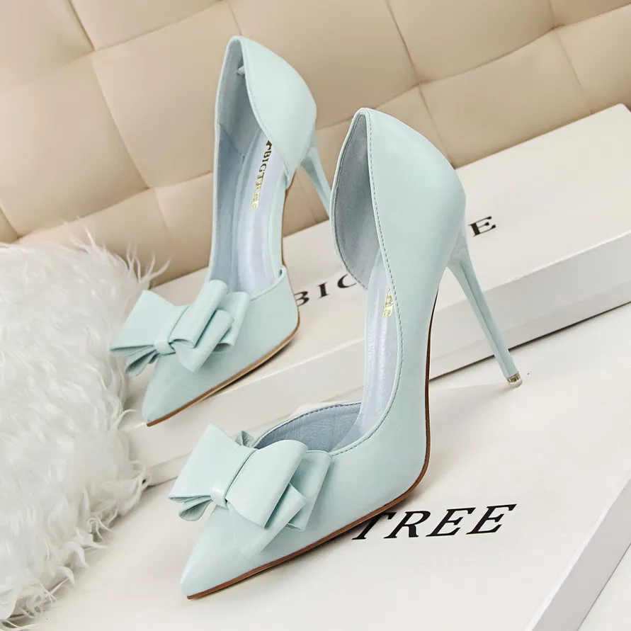 

2021 Woman Bow-knot 10cm High Heels Scarpins Shoes Lady Blue Pink Yellow Escarpins Heels Talons Stiletto Wedding Valentine Pumps