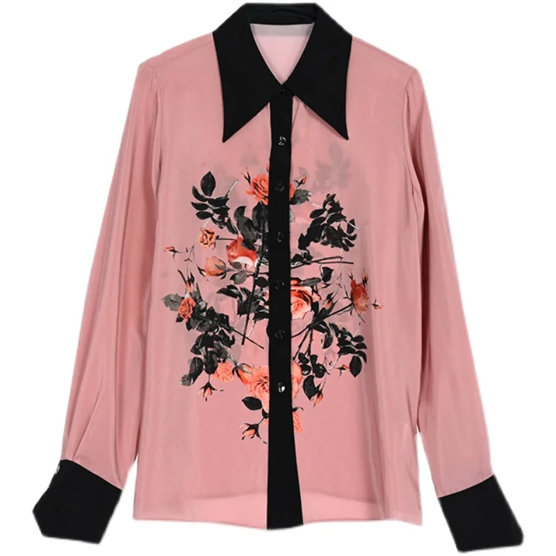 

COIGARSAM 3XL Plus Size Fashion Print Shirt Womens tops New Spring Office Lady Loose Women shirts Pink 5808