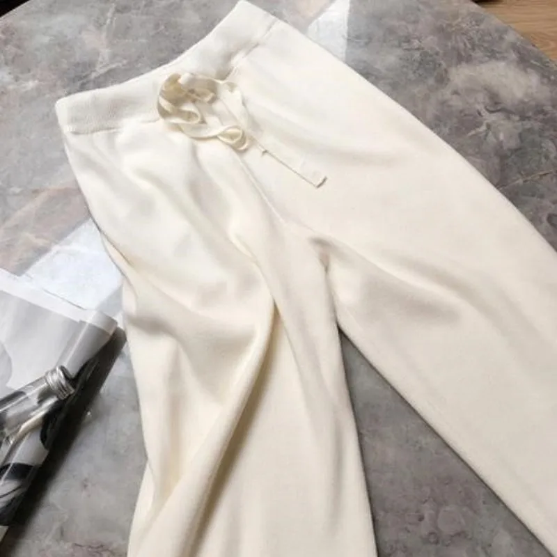 

Knitted Wide-leg Pants Women's Autumn and Winter All-match High Waist Drape Feeling Thin Loose Casual Straight Mopping Trousers