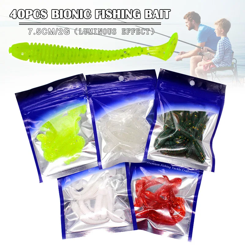 

Hot Selling 40PCS Bionic Fishing Lure Artificial Soft T-tail Fluorescent Worm Bait Fishing Tackle