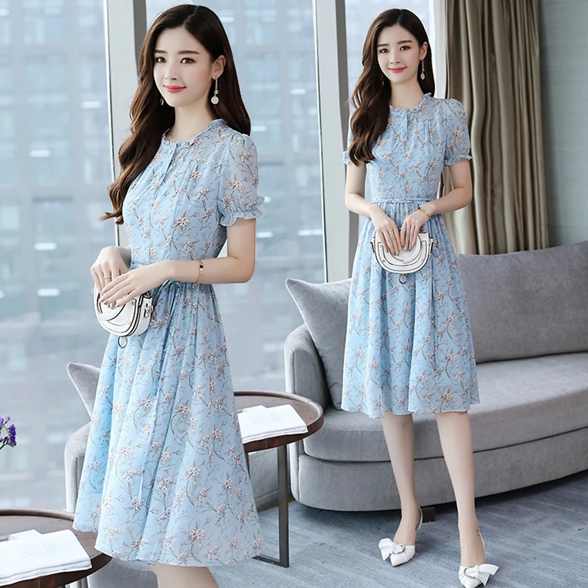 Летнее женское повседневное пригородное синее цветочное длинное платье