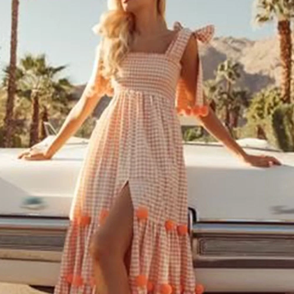 

2021 Western Style New Women's Summer Sleeveless Sling Dress Lattice Split Fork Mid-length High Waist Fashion Vacation