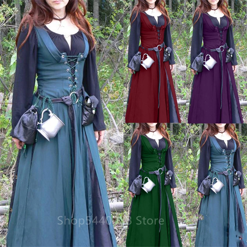 

Renaissance Vintage Dress 2Pcs Shirts+Dress Set Medieval Princess Cosplay Costume Maxi Long Robe Halloween Dress for Women Party