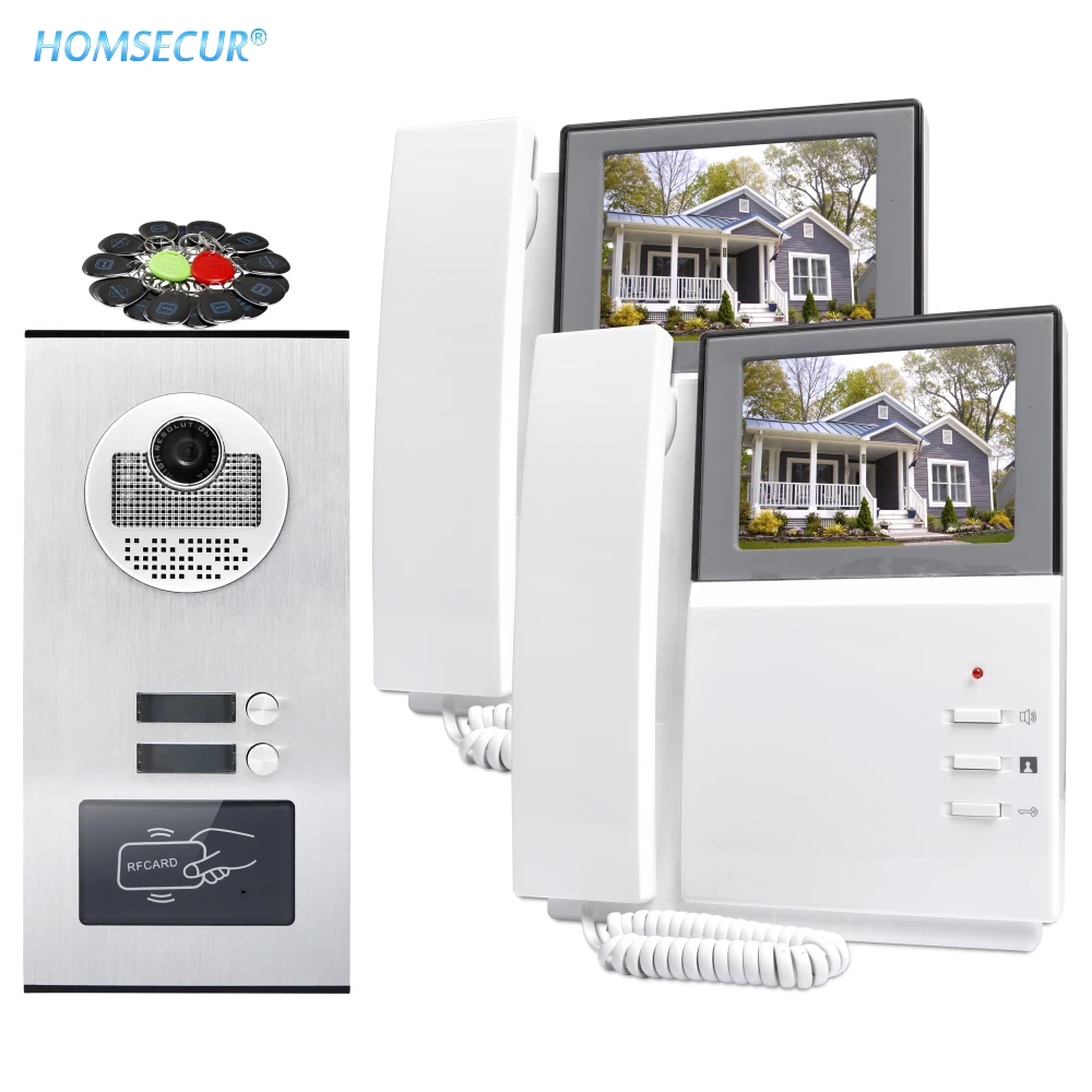 Video Door Intercom HOMSECUR 4," Проводной Видео и Аудио Домофон-Комплект с RFID-Наружным Блоком для 2 Семей XM404+ XC111-2 - Цвет: Video Door Intercom