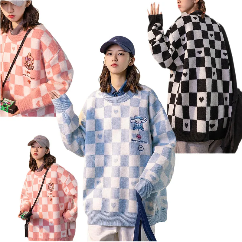

2021 New Sanrioed Kawaii My Melody Kuromi Warm Autumn and Winter Plaid Pullover Round Neck Sweater Woman Fashion Loose Top
