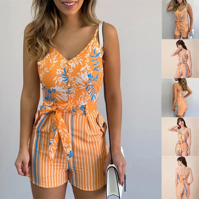 Women Summer Print Jumpsuit With Belt Sleeveless Beach Rompers Bodycon Slim Strap Bodysuit Wide Leg Overalls Playsuit Clothing