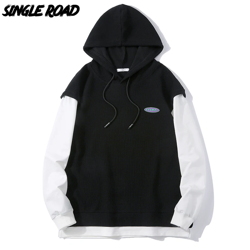 

Single Road Mens Hoodies Men 2021 Fashion Patchwork Sweatshirt Hip Hop Japanese Streetwear Male Black Hoodie Men Sweatshirts