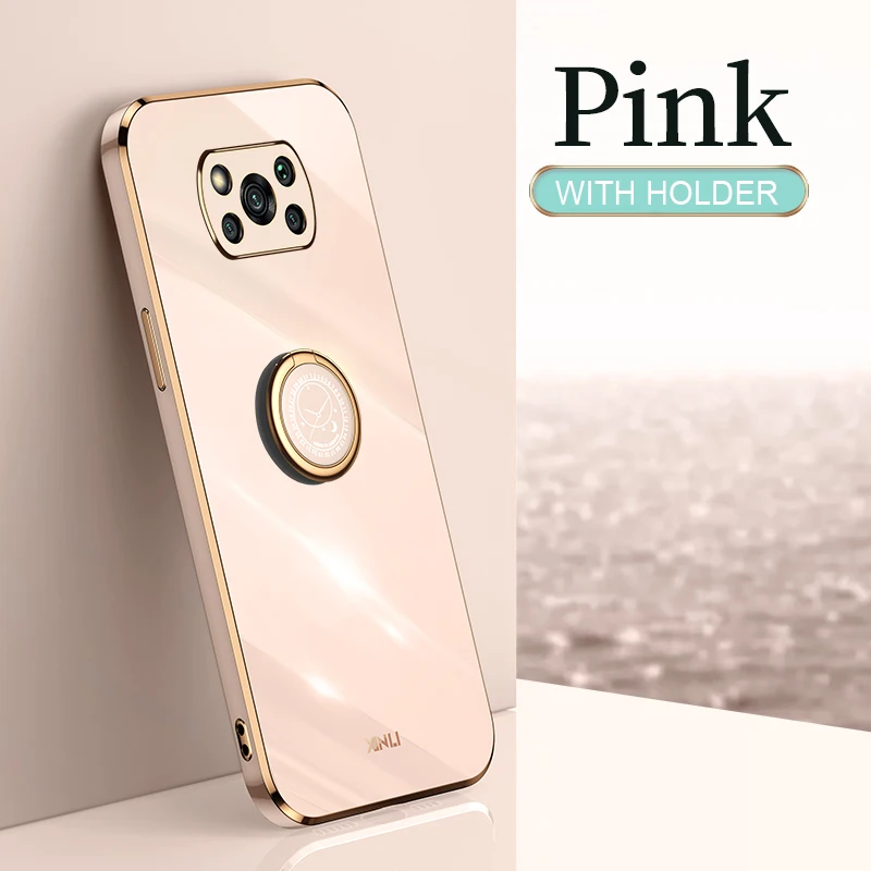 plating square ring holder phone case on for xiaomi mi poco x3 pro x 3 nfc gt 5g poko x3pro luxury soft silicone stand cover free global shipping