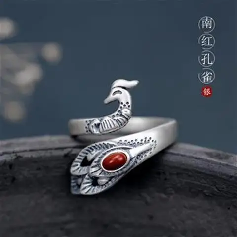 

S925 Sterling Silver Peacock Ring Female Open South Red Original Phoenix Ring Ethnic Style Personality Hipster Index Finger Jewe
