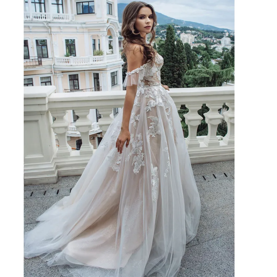 

Lace Wedding Dresses 2019 Off the Shoulder Appliques A Line Bride Dress Custom made Princess Wedding Gown robe de mariee