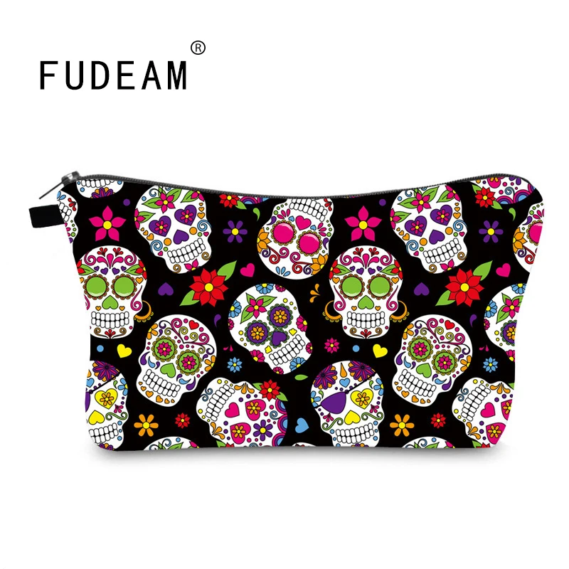 

Женская дорожная сумка для хранения туалетных принадлежностей FUDEAM, портативная Водонепроницаемая косметичка из полиэстера с красочным рисунком черепа