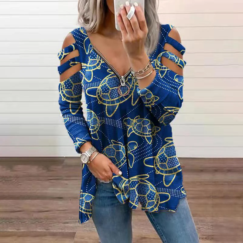 

2021 Sexy Hollow Out Women Blouses Shirts Autumn Casual Animal Print Zipper Blusa Elegant Ladies V-Neck Long Sleeve Pullover Top