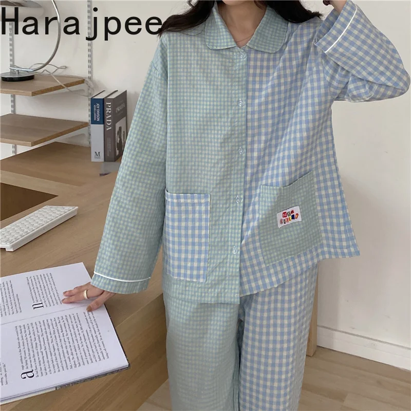 

Harajpee New Autumn Pajama Can Outwear Plaid Contrast Color Pajamas Suit Women Sweet and Lovely Loose Sleepwear Home Suit
