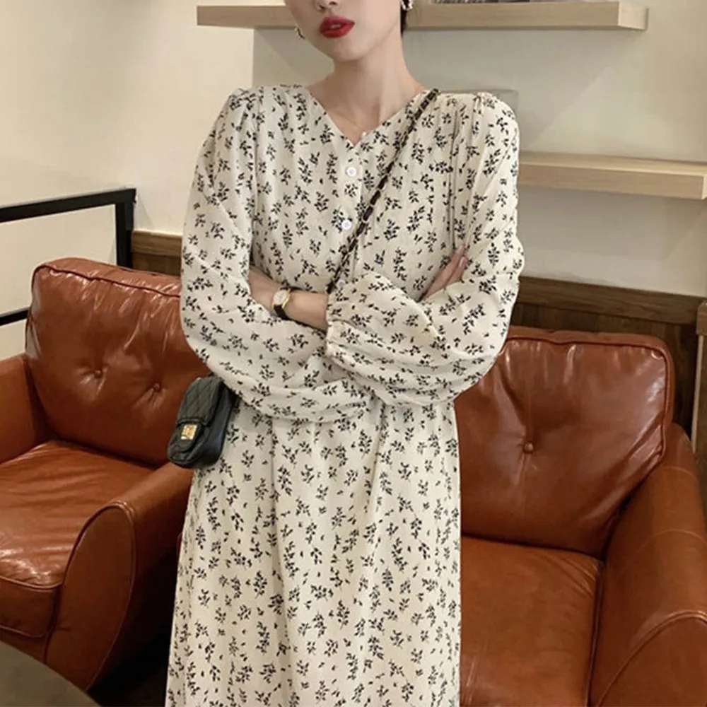 

Women's Retro Floral Dress V Neck Single-breasted Bodycon Long Dress Sweet Femal Chiffon Long Sleeve Holiday Elegant Tea Dress